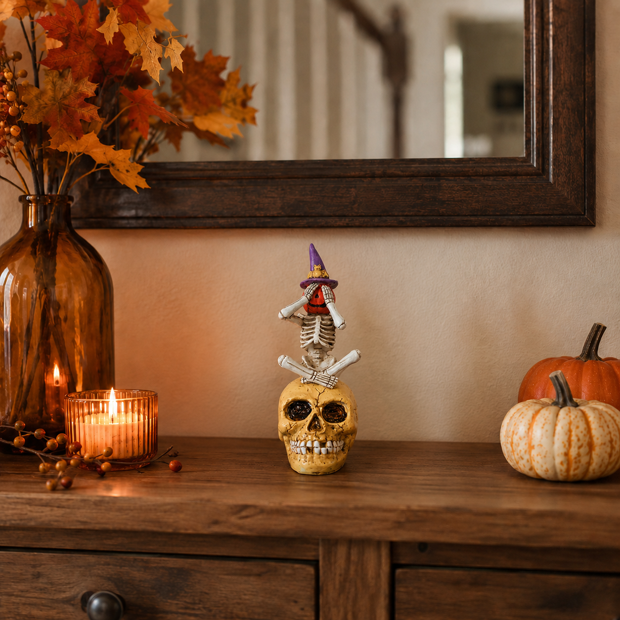 See No Evil, Hear No Evil, Speak No Evil Pumpkin Skeleton Figurine