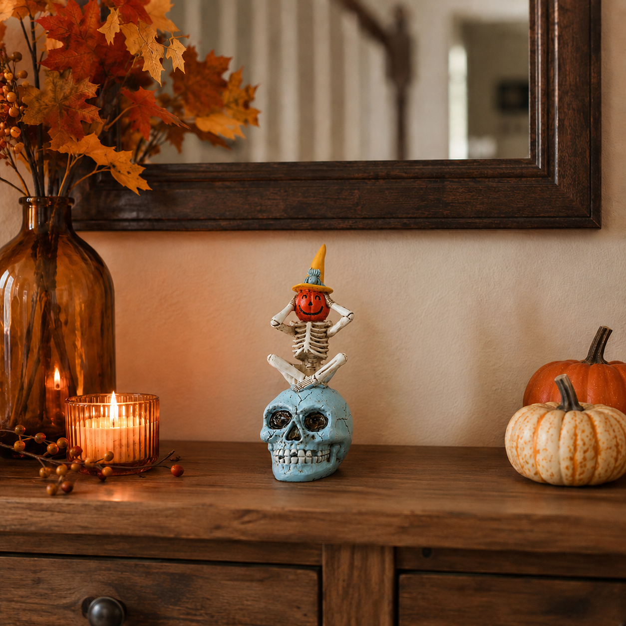 See No Evil, Hear No Evil, Speak No Evil Pumpkin Skeleton Figurine