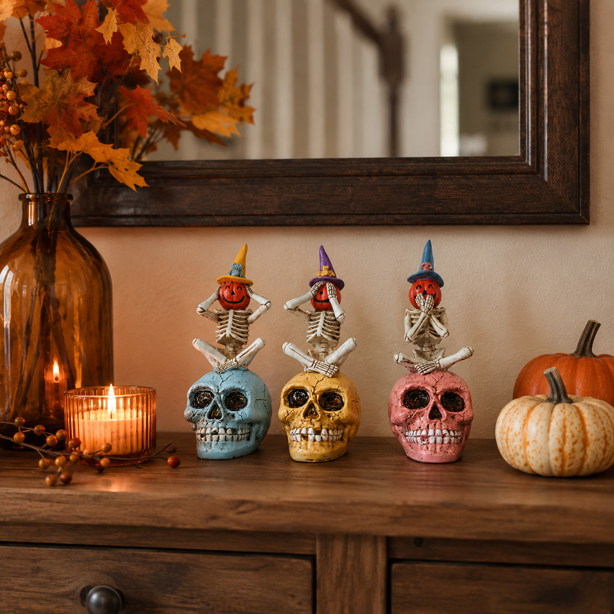 See No Evil, Hear No Evil, Speak No Evil Pumpkin Skeleton Figurine