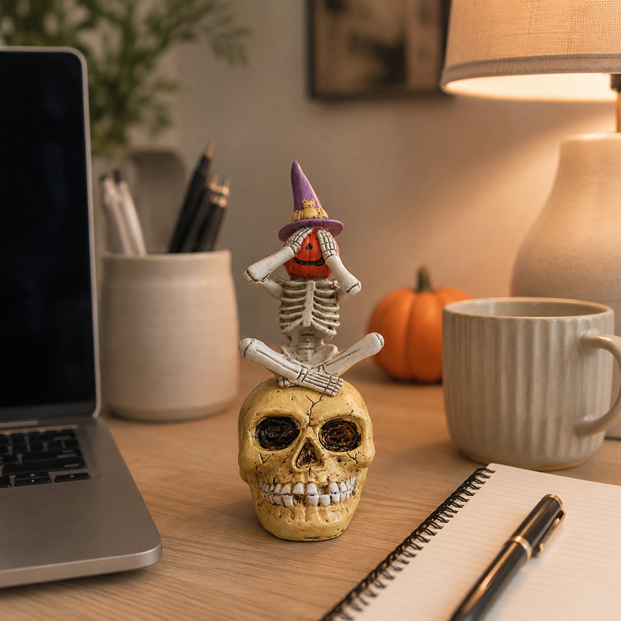 See No Evil, Hear No Evil, Speak No Evil Pumpkin Skeleton Figurine