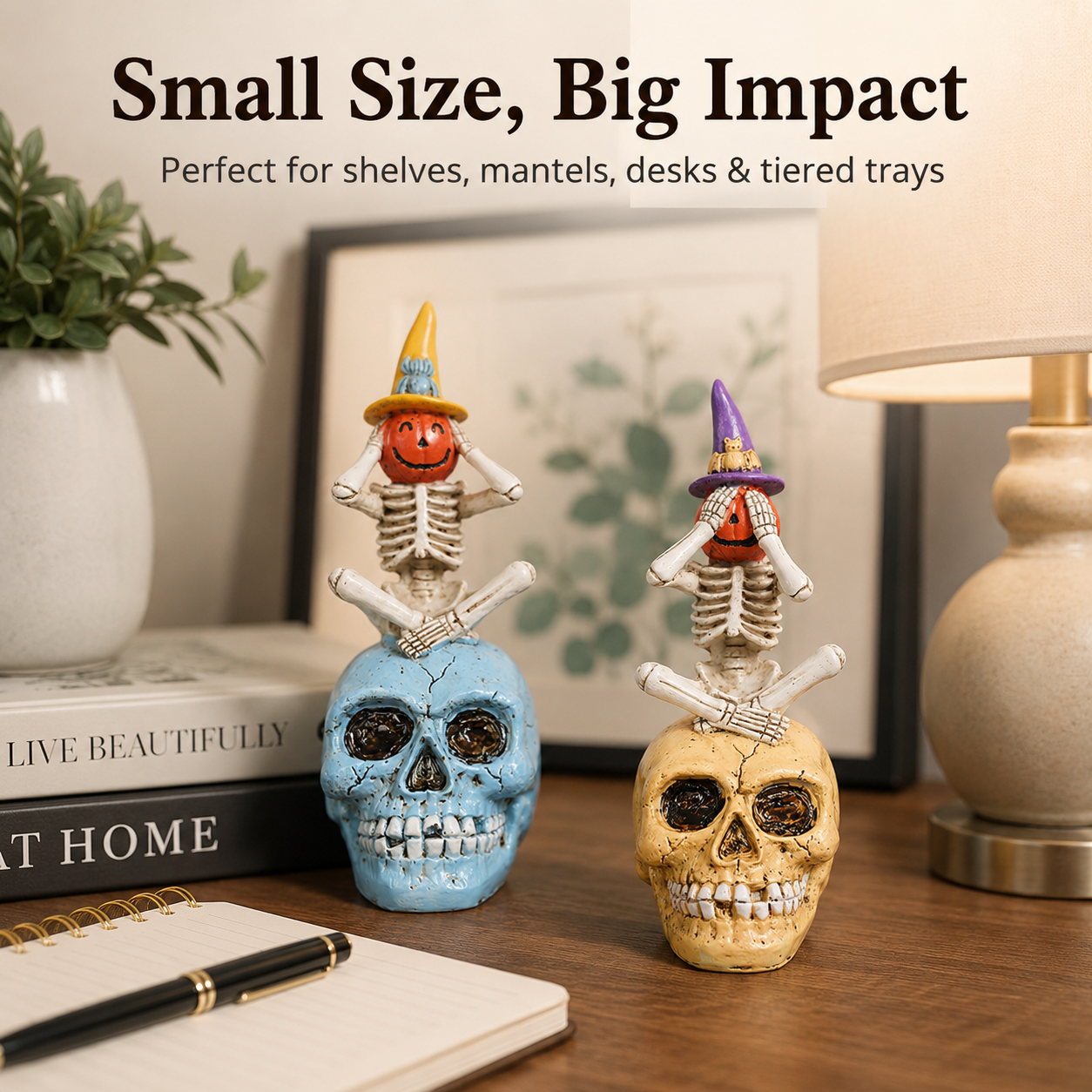 See No Evil, Hear No Evil, Speak No Evil Pumpkin Skeleton Figurine
