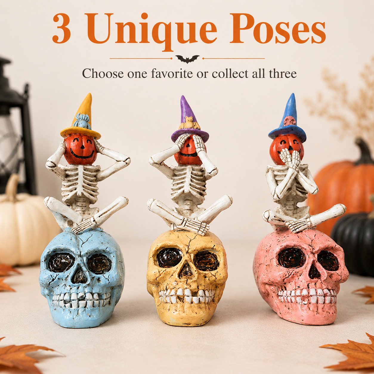 See No Evil, Hear No Evil, Speak No Evil Pumpkin Skeleton Figurine