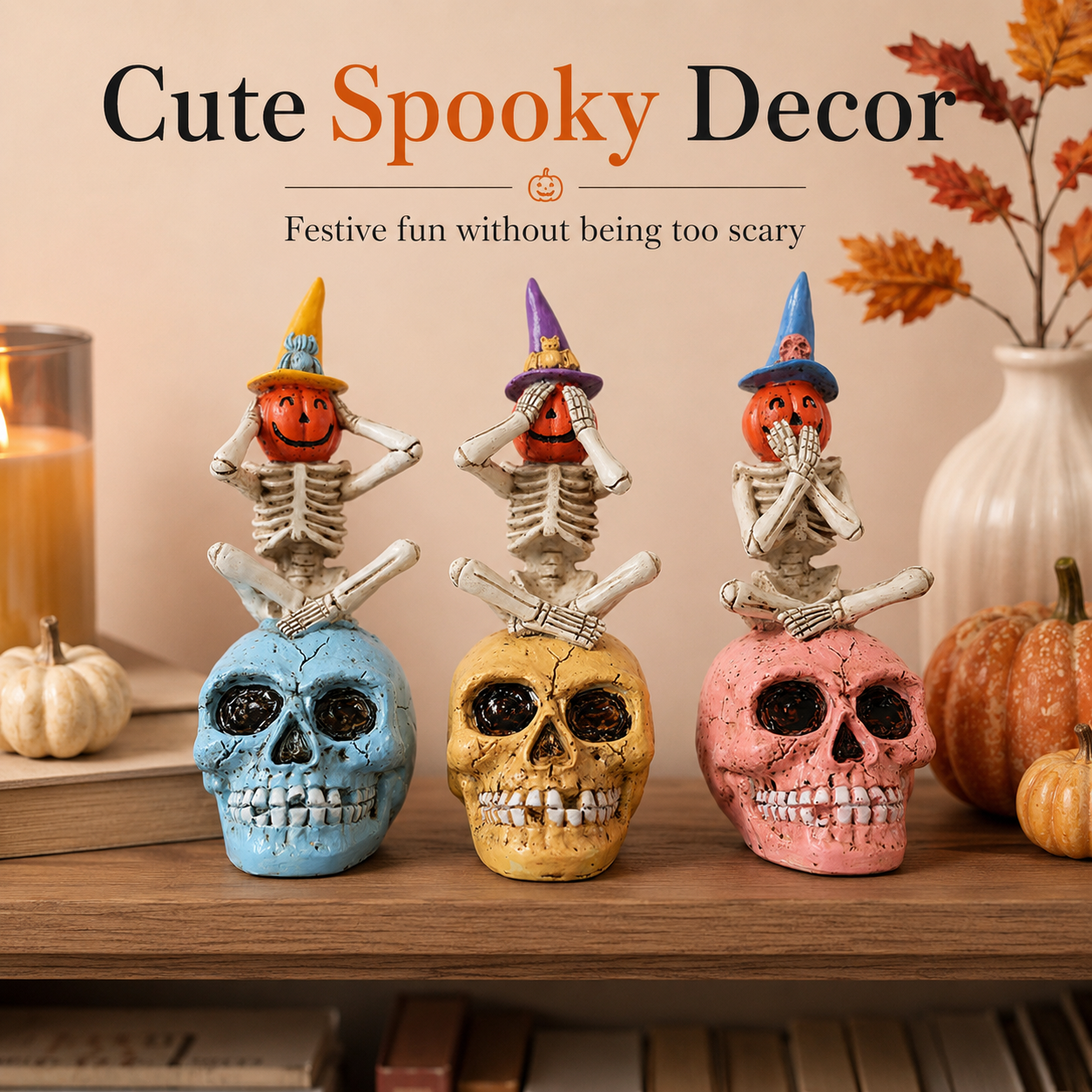 See No Evil, Hear No Evil, Speak No Evil Pumpkin Skeleton Figurine