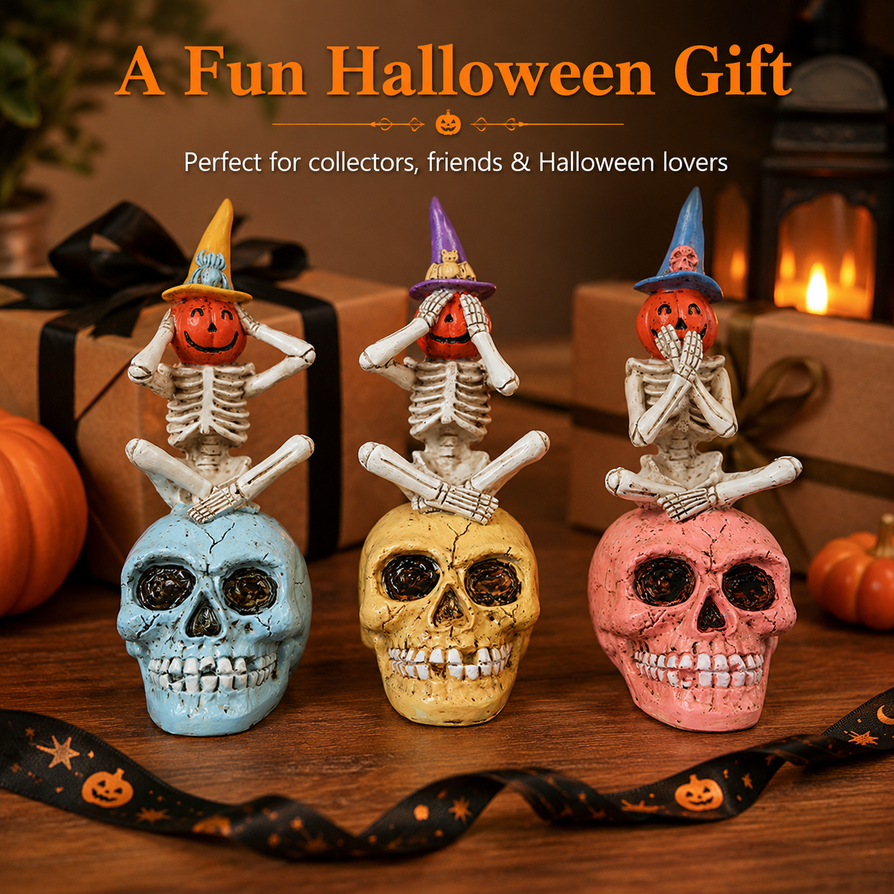 See No Evil, Hear No Evil, Speak No Evil Pumpkin Skeleton Figurine