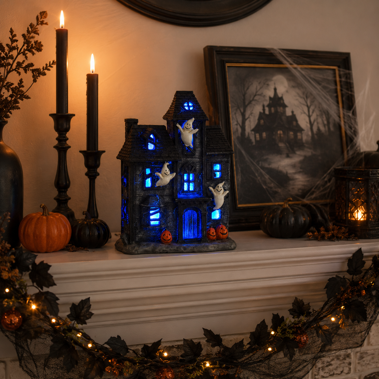 Halloween Lighted Haunted House Decor with Cute Ghosts