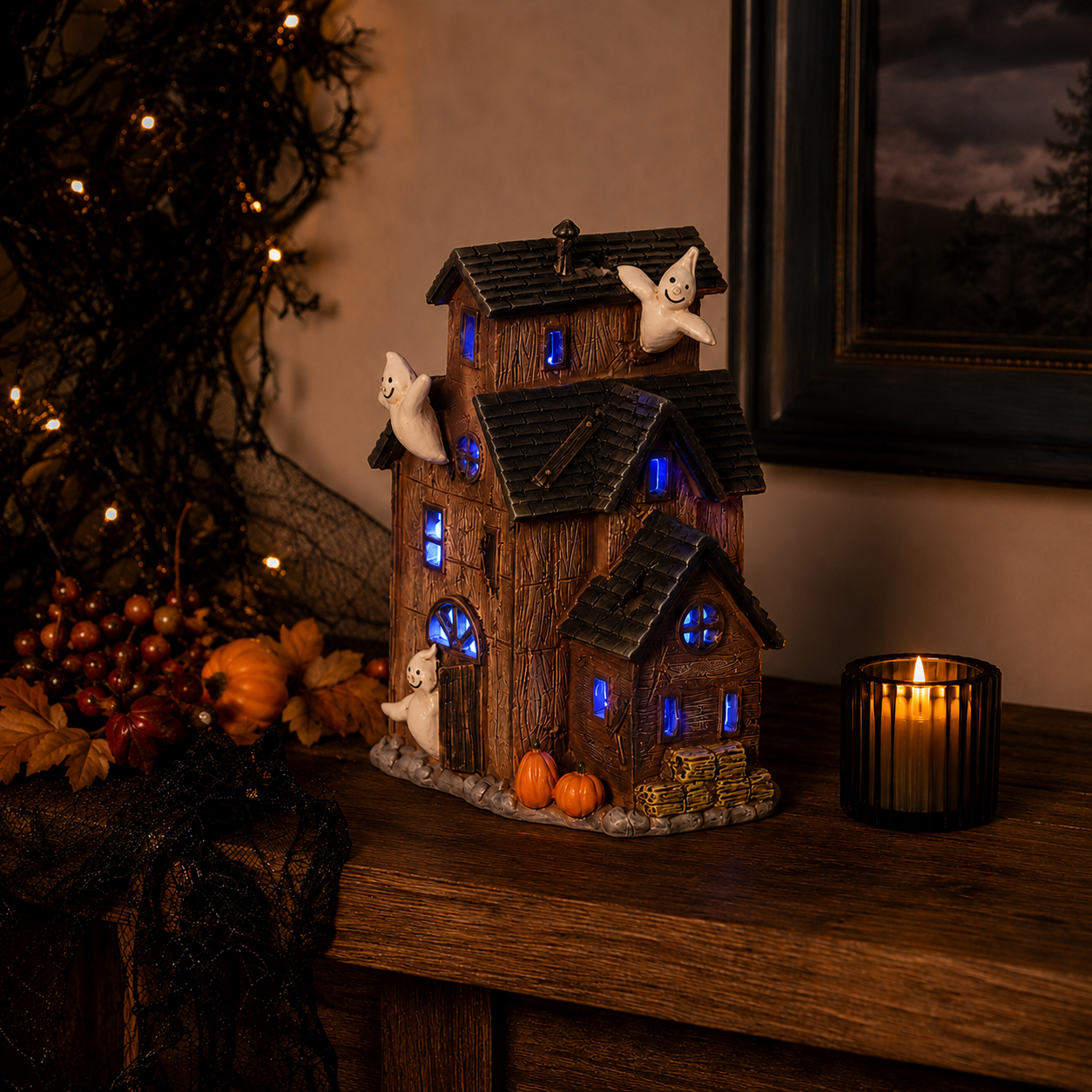 Halloween Lighted Haunted House Decor with Cute Ghosts