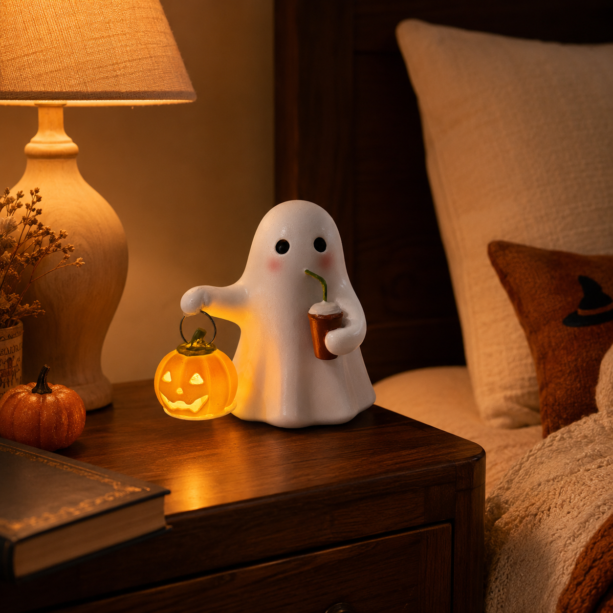 Light-Up Ghost Pumpkin Decor