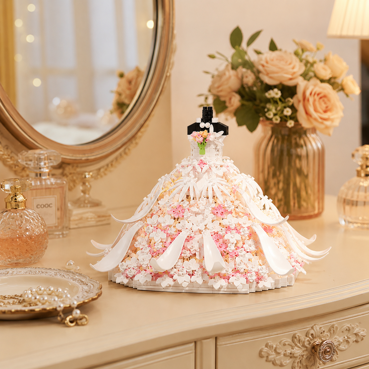 Wedding Dress Building Block Set, Floral Princess Dress Model Kit, DIY Decorative Building Blocks for Girls and Adults, Romantic Bridal Gown Display Toy, Creative Gift for Birthday, Wedding, Valentine’s Day and Home Decor