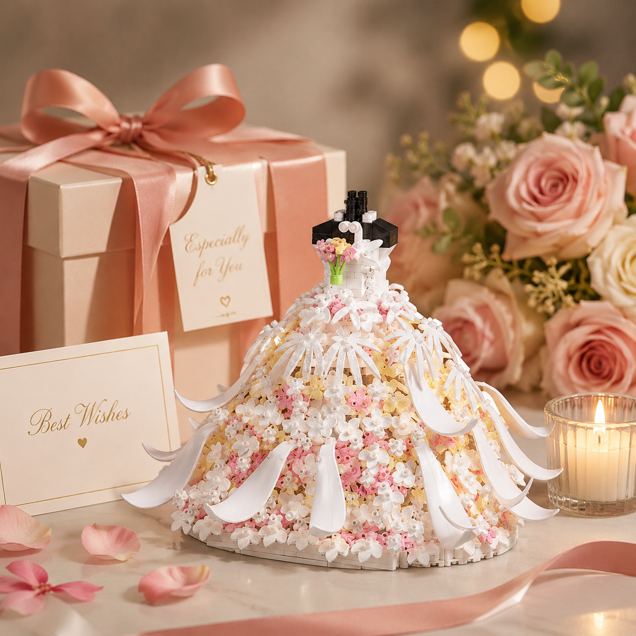 Wedding Dress Building Block Set, Floral Princess Dress Model Kit, DIY Decorative Building Blocks for Girls and Adults, Romantic Bridal Gown Display Toy, Creative Gift for Birthday, Wedding, Valentine’s Day and Home Decor