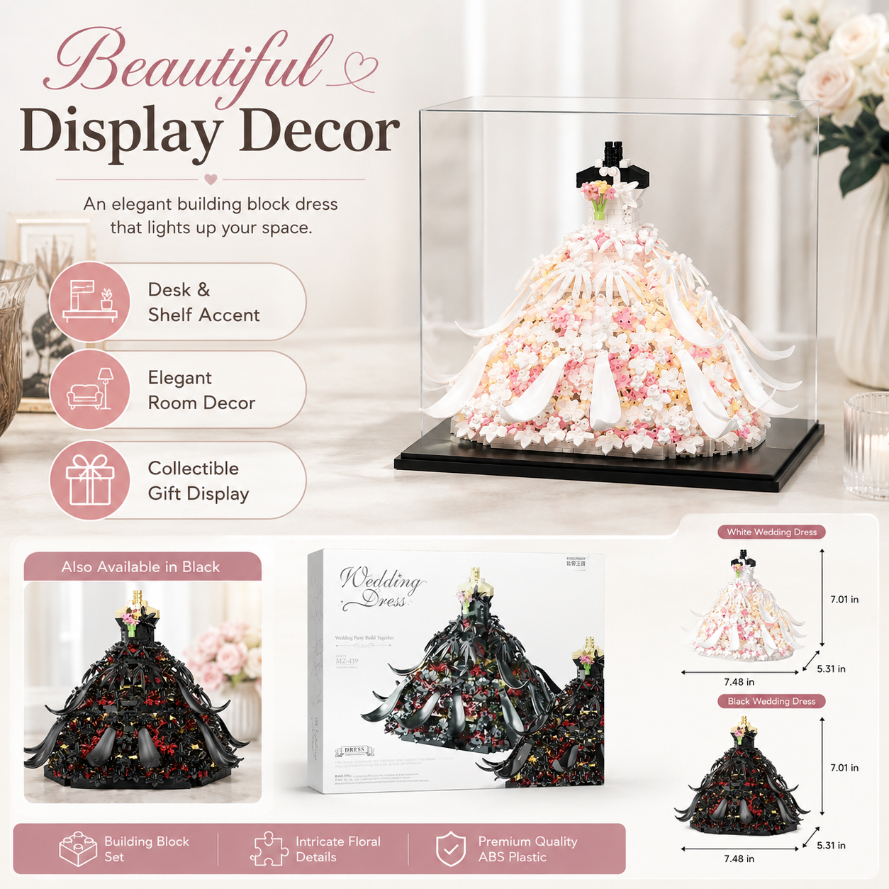 Wedding Dress Building Block Set, Floral Princess Dress Model Kit, DIY Decorative Building Blocks for Girls and Adults, Romantic Bridal Gown Display Toy, Creative Gift for Birthday, Wedding, Valentine’s Day and Home Decor