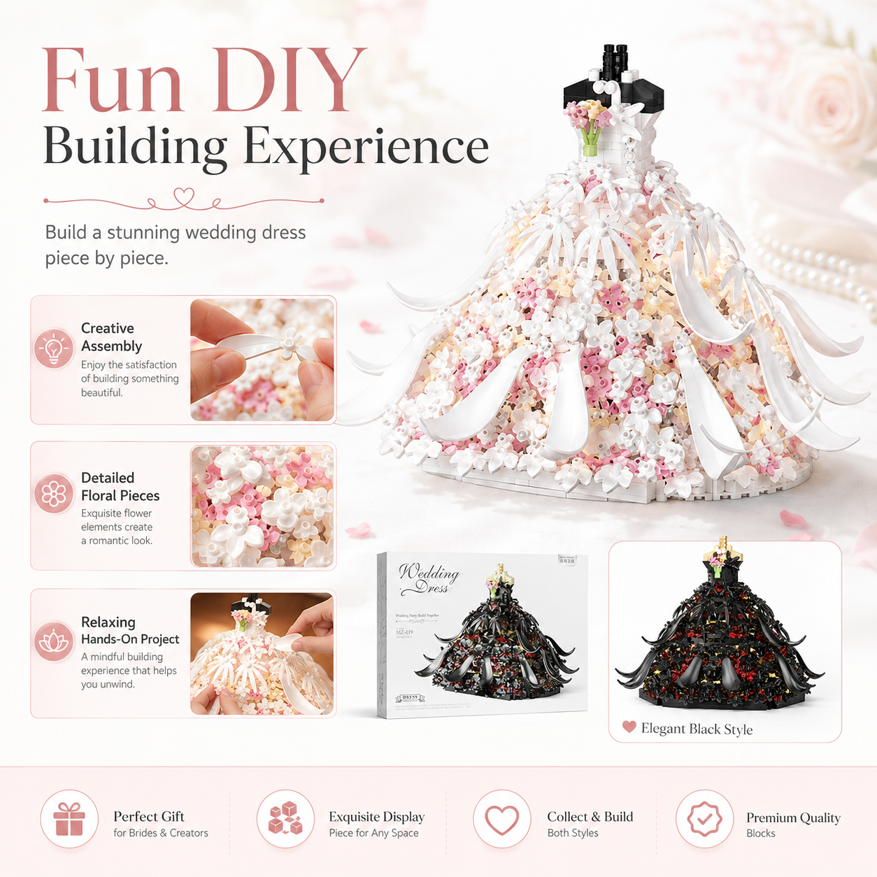 Wedding Dress Building Block Set, Floral Princess Dress Model Kit, DIY Decorative Building Blocks for Girls and Adults, Romantic Bridal Gown Display Toy, Creative Gift for Birthday, Wedding, Valentine’s Day and Home Decor
