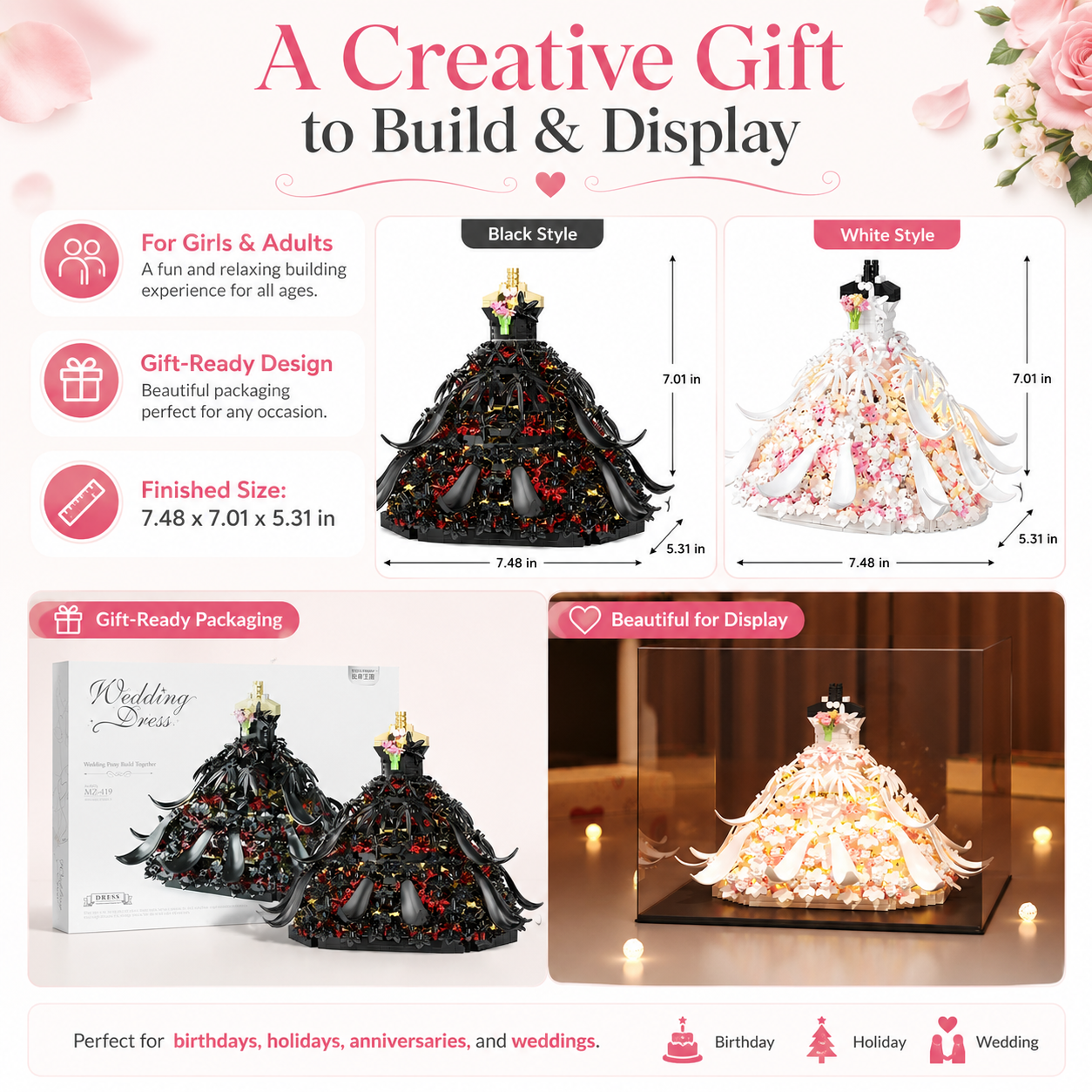 Wedding Dress Building Block Set, Floral Princess Dress Model Kit, DIY Decorative Building Blocks for Girls and Adults, Romantic Bridal Gown Display Toy, Creative Gift for Birthday, Wedding, Valentine’s Day and Home Decor