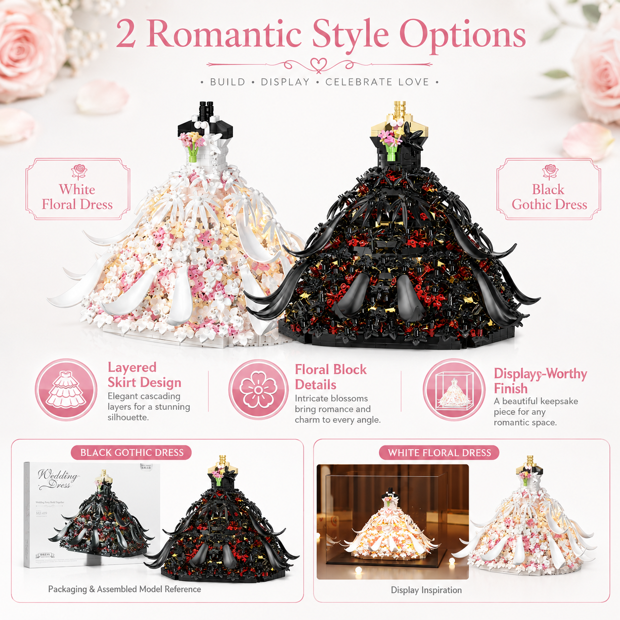 Wedding Dress Building Block Set, Floral Princess Dress Model Kit, DIY Decorative Building Blocks for Girls and Adults, Romantic Bridal Gown Display Toy, Creative Gift for Birthday, Wedding, Valentine’s Day and Home Decor