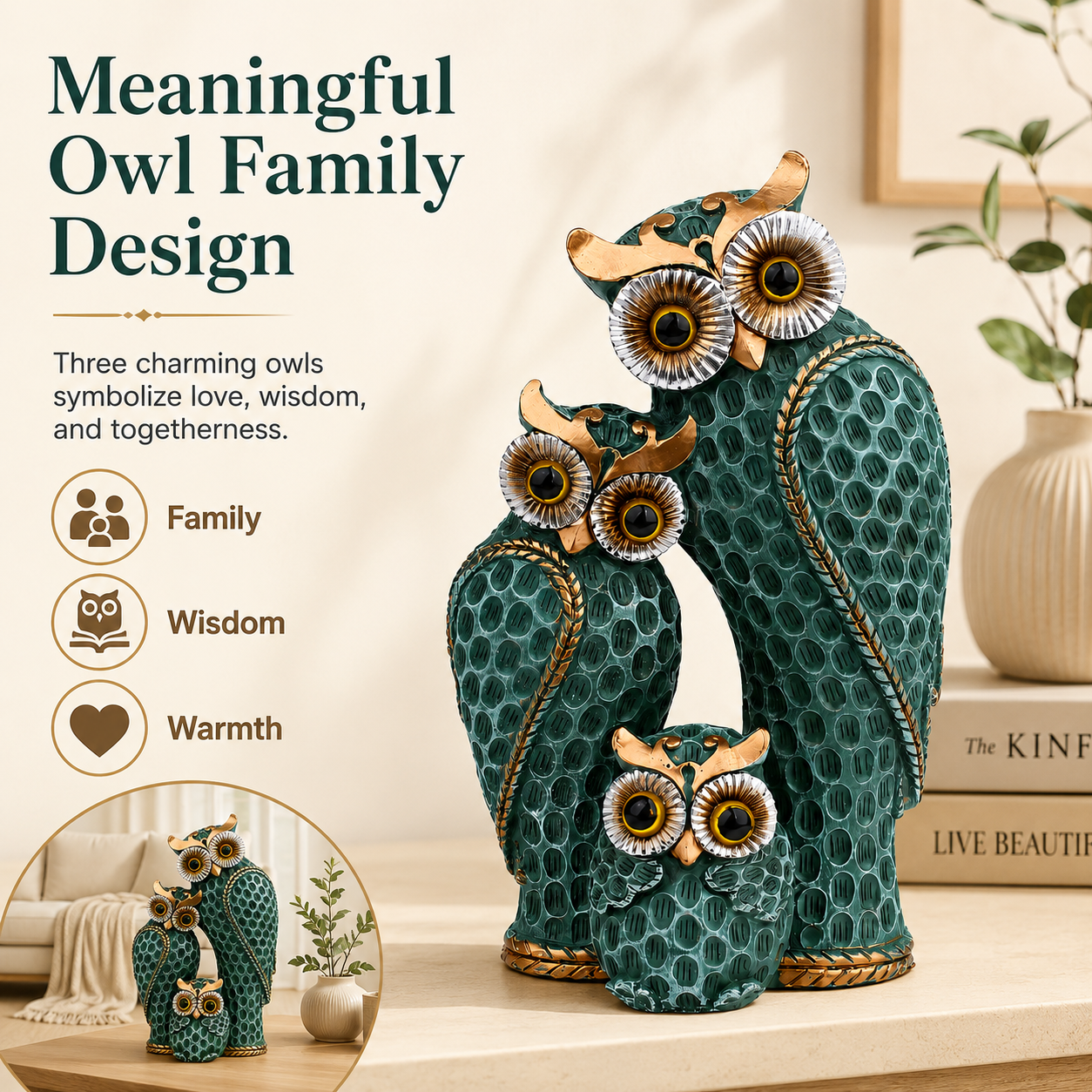 Owl Family Figurine Decor, Rustic Resin Owl Statue with 3 Owls, Decorative Tabletop Sculpture for Living Room, Bookshelf, Mantel, Office, Bedroom & Housewarming Gifts, Available in Green and Beige