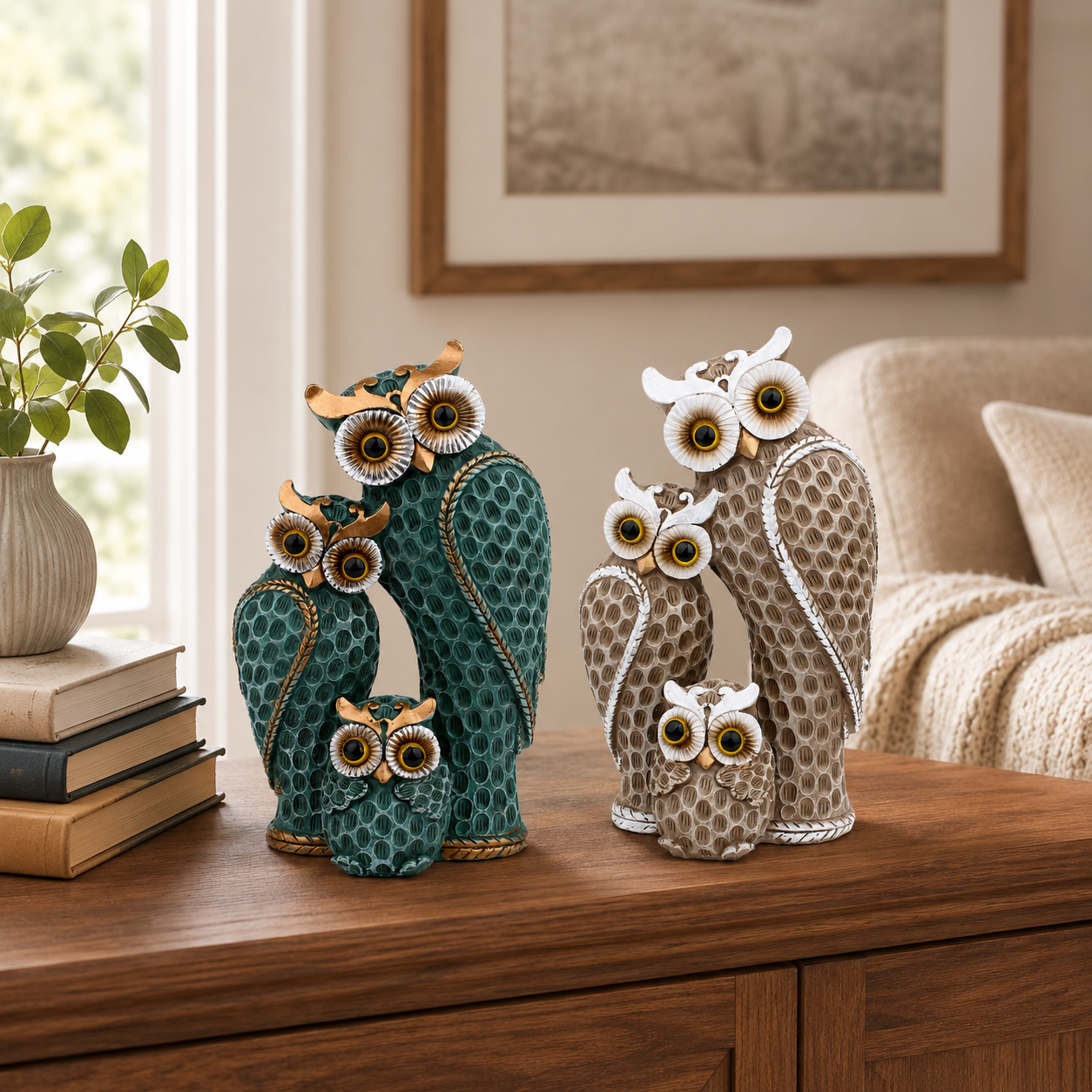 Owl Family Figurine Decor, Rustic Resin Owl Statue with 3 Owls, Decorative Tabletop Sculpture for Living Room, Bookshelf, Mantel, Office, Bedroom & Housewarming Gifts, Available in Green and Beige