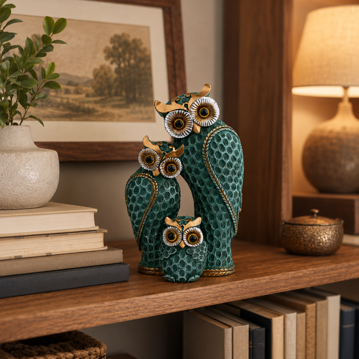 Owl Family Figurine Decor, Rustic Resin Owl Statue with 3 Owls, Decorative Tabletop Sculpture for Living Room, Bookshelf, Mantel, Office, Bedroom & Housewarming Gifts, Available in Green and Beige