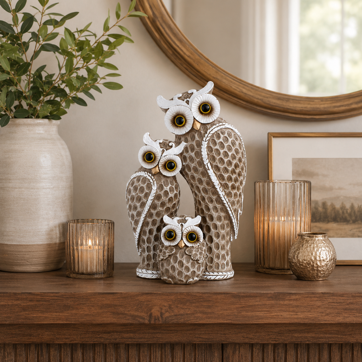 Owl Family Figurine Decor, Rustic Resin Owl Statue with 3 Owls, Decorative Tabletop Sculpture for Living Room, Bookshelf, Mantel, Office, Bedroom & Housewarming Gifts, Available in Green and Beige