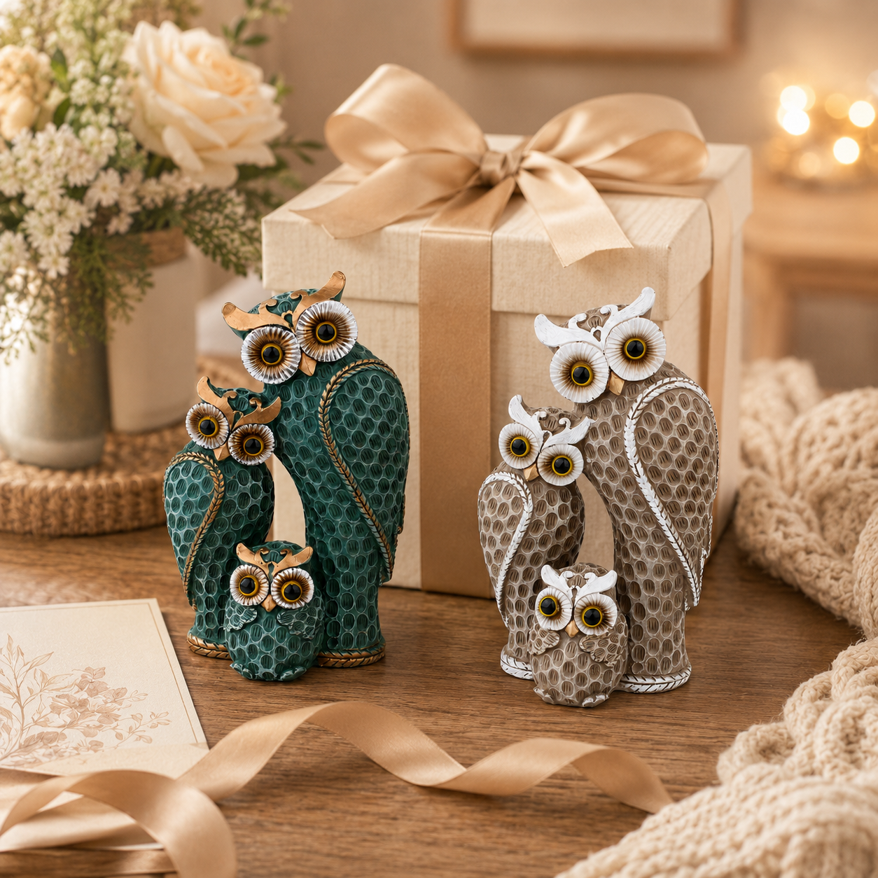 Owl Family Figurine Decor, Rustic Resin Owl Statue with 3 Owls, Decorative Tabletop Sculpture for Living Room, Bookshelf, Mantel, Office, Bedroom & Housewarming Gifts, Available in Green and Beige