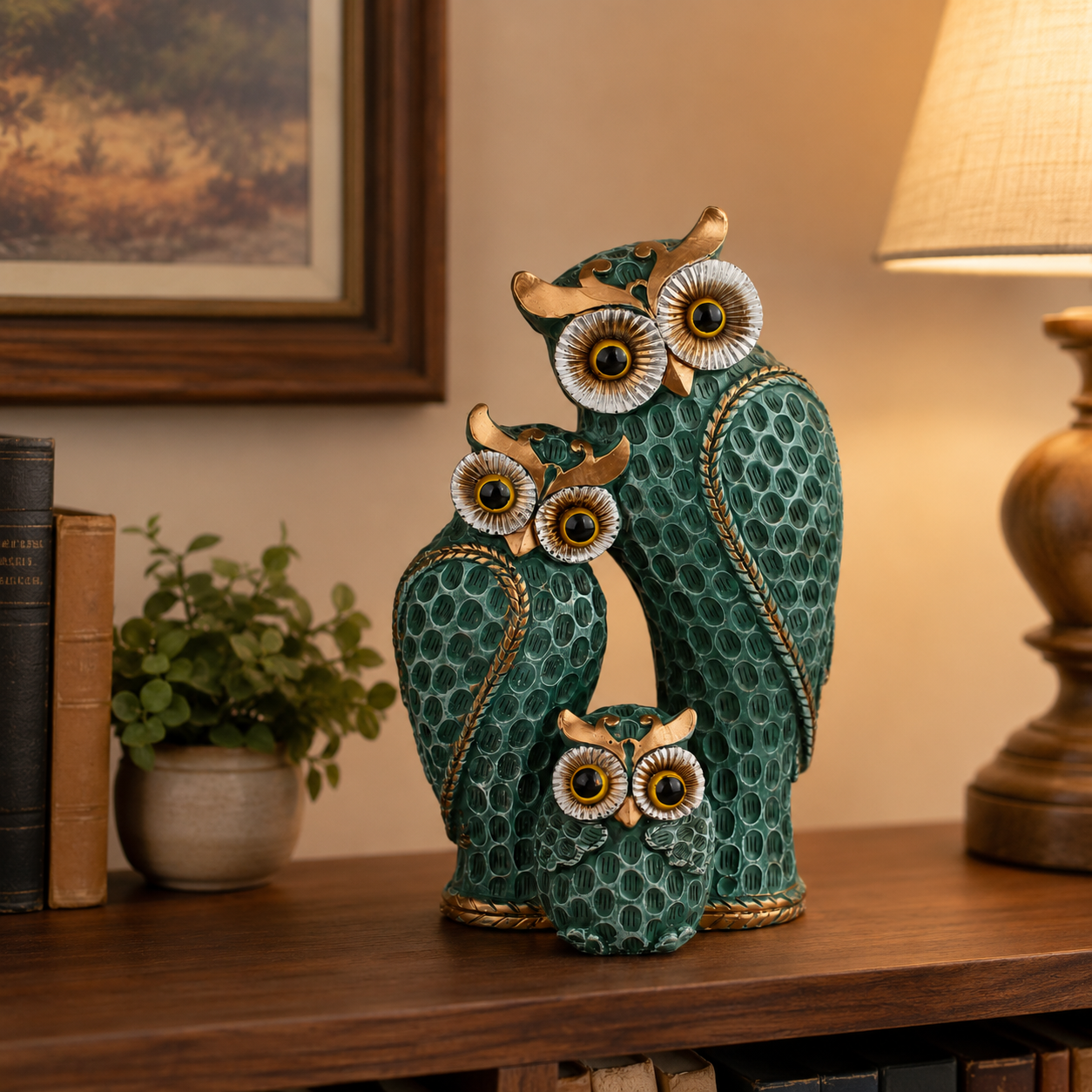 Owl Family Figurine Decor, Rustic Resin Owl Statue with 3 Owls, Decorative Tabletop Sculpture for Living Room, Bookshelf, Mantel, Office, Bedroom & Housewarming Gifts, Available in Green and Beige