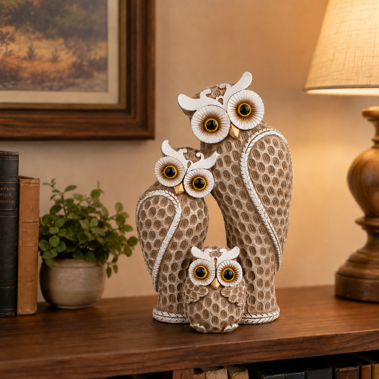 Owl Family Figurine Decor, Rustic Resin Owl Statue with 3 Owls, Decorative Tabletop Sculpture for Living Room, Bookshelf, Mantel, Office, Bedroom & Housewarming Gifts, Available in Green and Beige