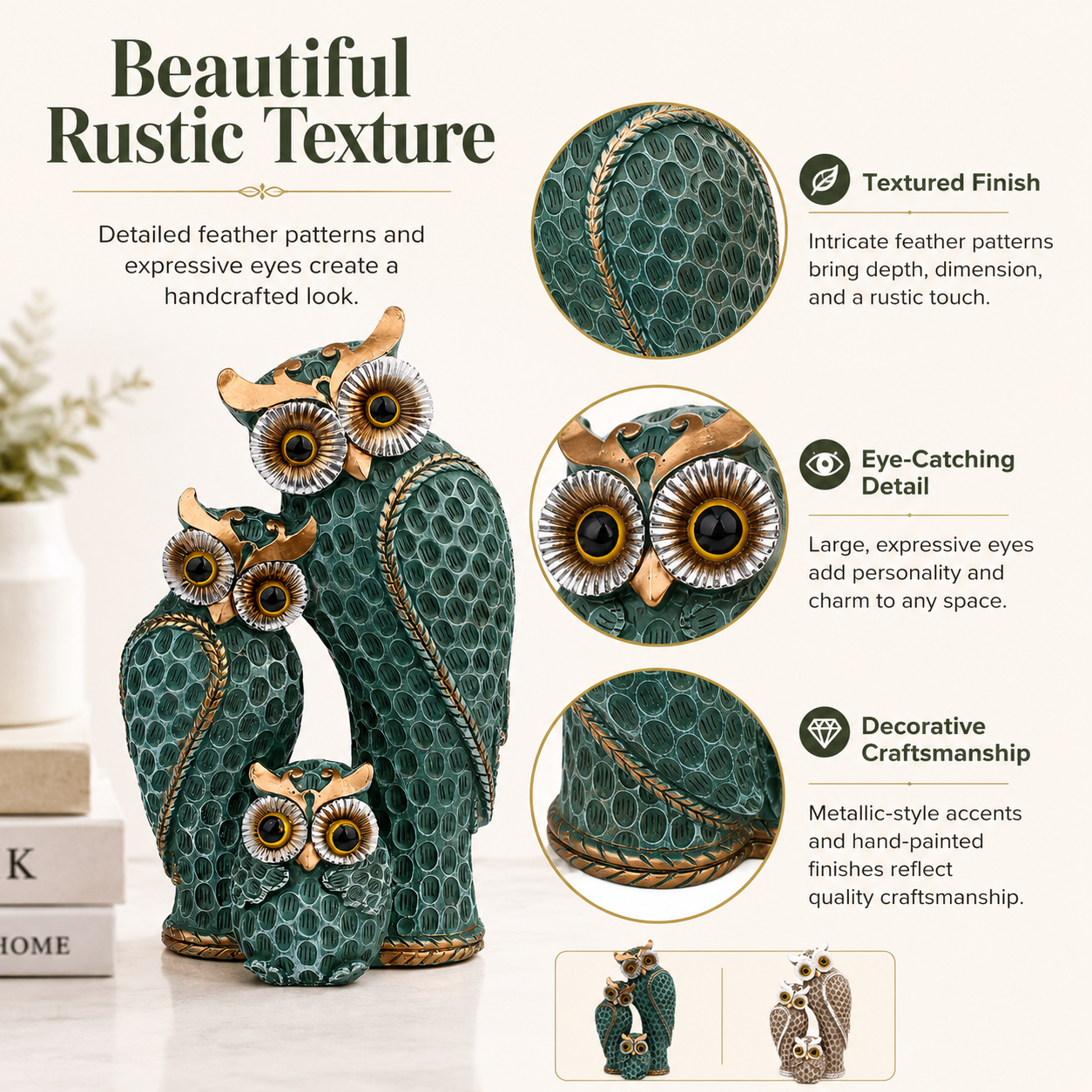 Owl Family Figurine Decor, Rustic Resin Owl Statue with 3 Owls, Decorative Tabletop Sculpture for Living Room, Bookshelf, Mantel, Office, Bedroom & Housewarming Gifts, Available in Green and Beige