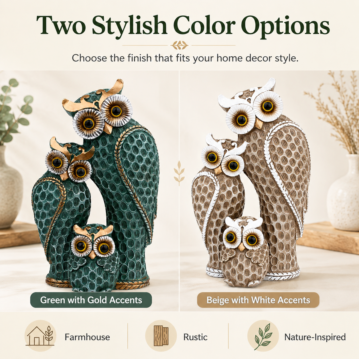 Owl Family Figurine Decor, Rustic Resin Owl Statue with 3 Owls, Decorative Tabletop Sculpture for Living Room, Bookshelf, Mantel, Office, Bedroom & Housewarming Gifts, Available in Green and Beige