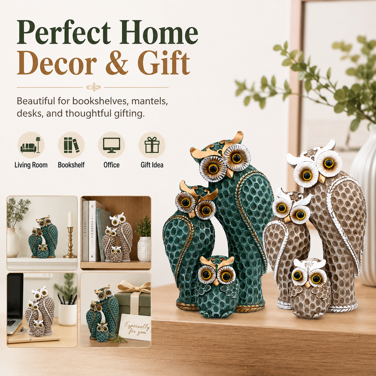 Owl Family Figurine Decor, Rustic Resin Owl Statue with 3 Owls, Decorative Tabletop Sculpture for Living Room, Bookshelf, Mantel, Office, Bedroom & Housewarming Gifts, Available in Green and Beige