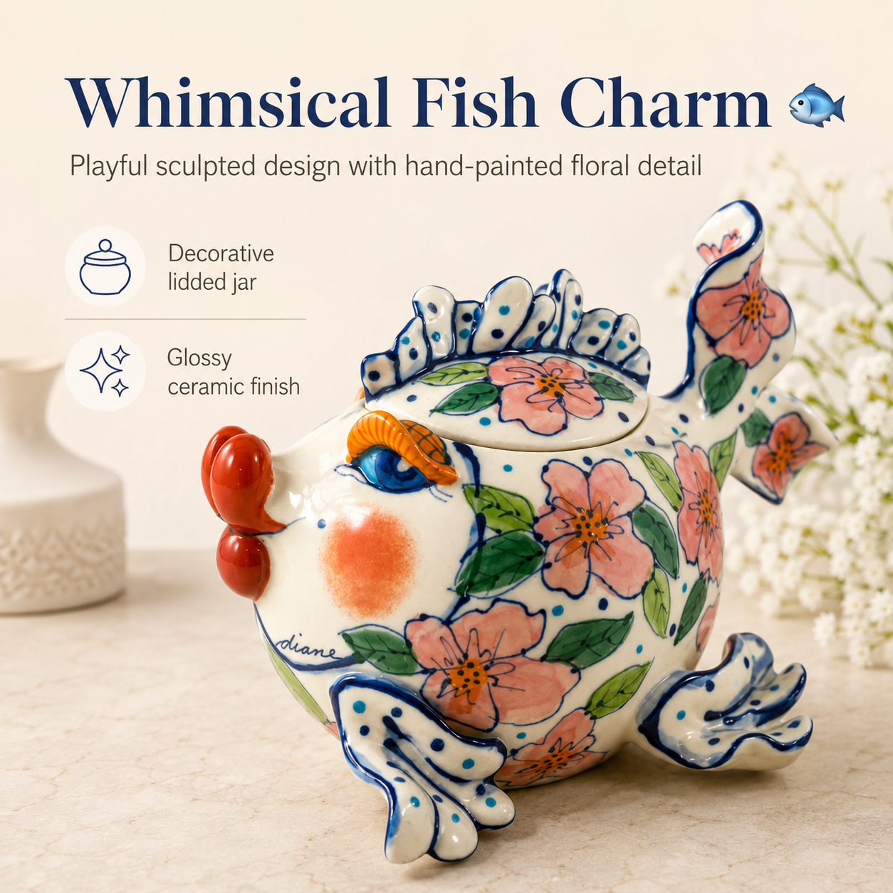 Hand-Painted Ceramic Fish Storage Jar