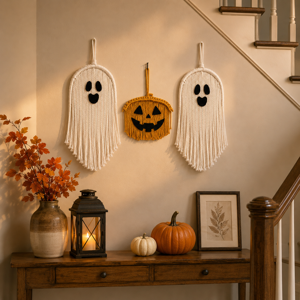 Halloween Macrame Decor Set, Pumpkin and Ghost Wall Hangings