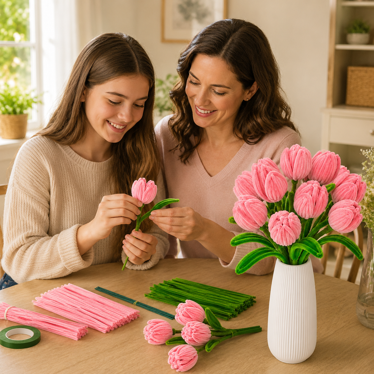 DIY Pipe Cleaner Flower Bouquet Kit, Handmade Chenille Stem Flower Craft Set with Floral Tape, Stem Wires, Ribbon and Gift Bag/Vase, Creative Bouquet Making Kit for Teens, Adults, Gifts and Home Decor