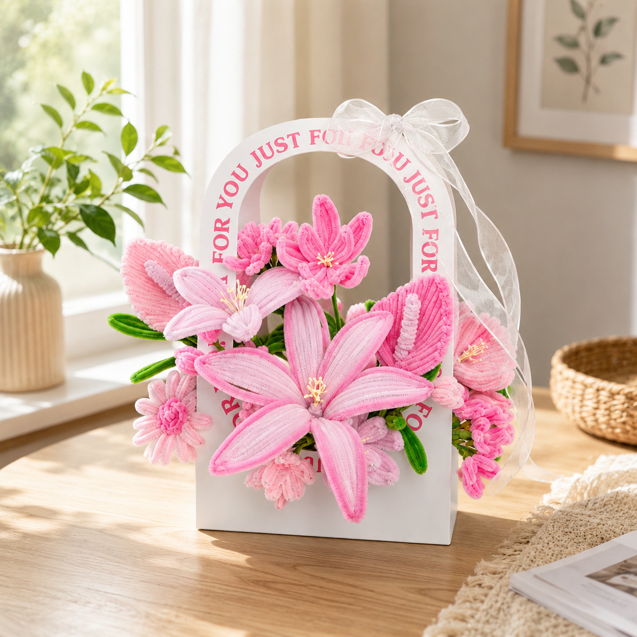 DIY Pipe Cleaner Flower Bouquet Kit, Handmade Chenille Stem Flower Craft Set with Floral Tape, Stem Wires, Ribbon and Gift Bag/Vase, Creative Bouquet Making Kit for Teens, Adults, Gifts and Home Decor