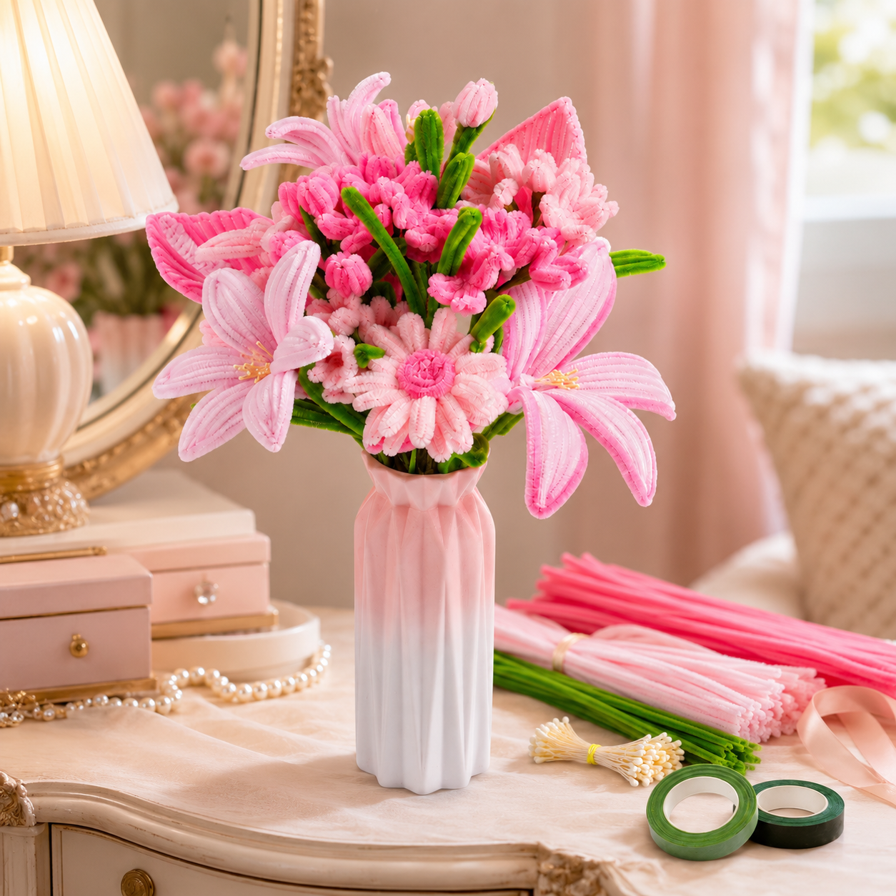 DIY Pipe Cleaner Flower Bouquet Kit, Handmade Chenille Stem Flower Craft Set with Floral Tape, Stem Wires, Ribbon and Gift Bag/Vase, Creative Bouquet Making Kit for Teens, Adults, Gifts and Home Decor