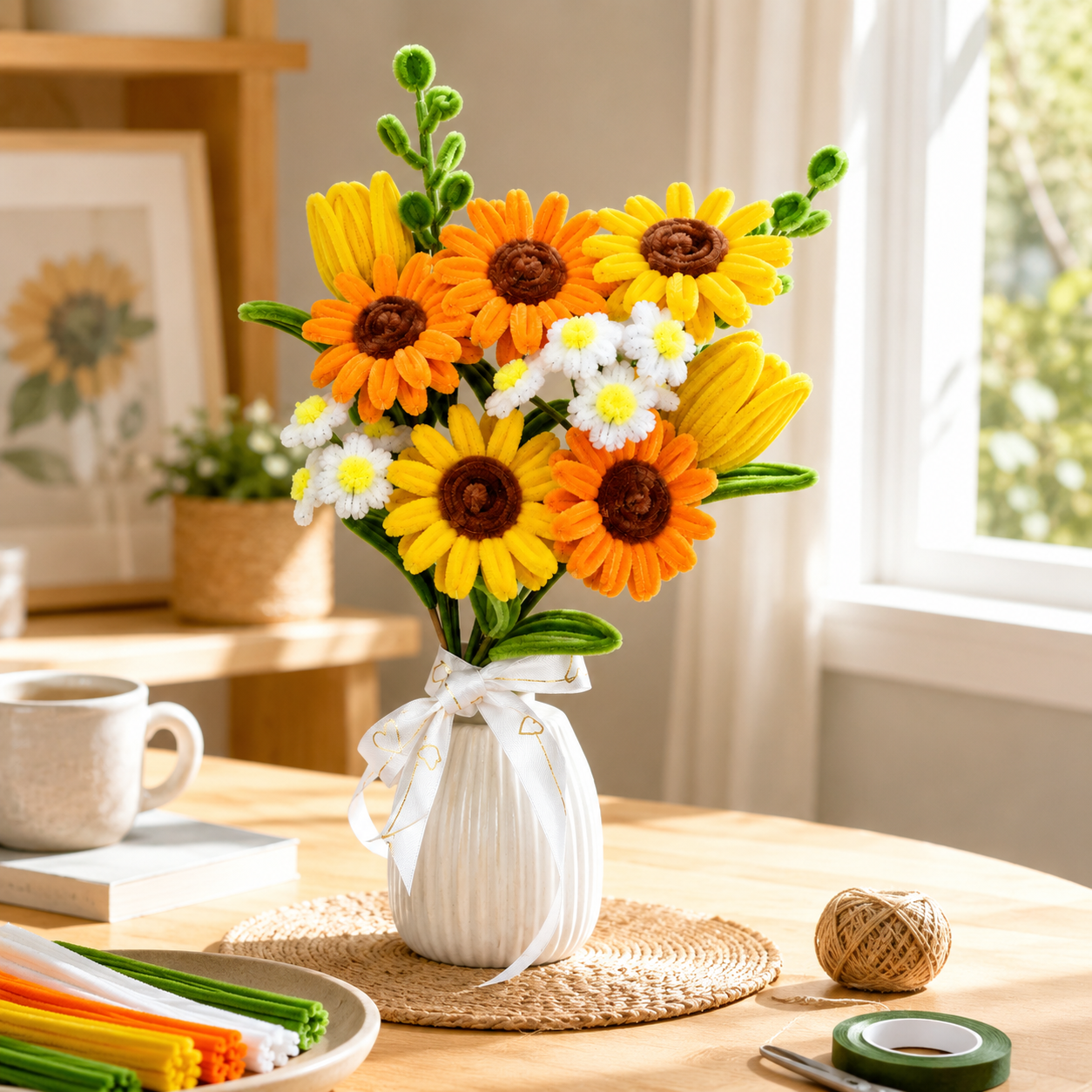 DIY Pipe Cleaner Flower Bouquet Kit, Handmade Chenille Stem Flower Craft Set with Floral Tape, Stem Wires, Ribbon and Gift Bag/Vase, Creative Bouquet Making Kit for Teens, Adults, Gifts and Home Decor