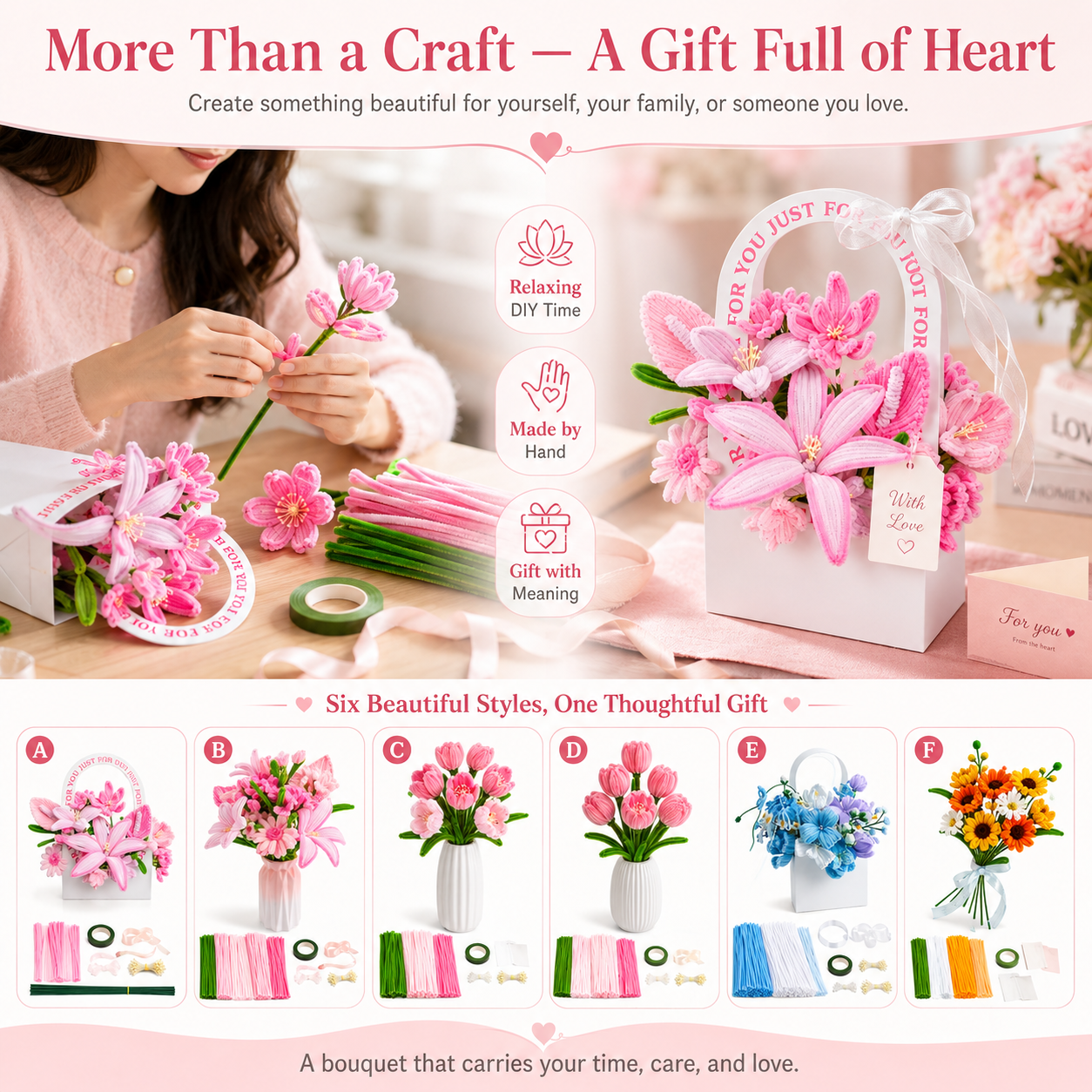 DIY Pipe Cleaner Flower Bouquet Kit, Handmade Chenille Stem Flower Craft Set with Floral Tape, Stem Wires, Ribbon and Gift Bag/Vase, Creative Bouquet Making Kit for Teens, Adults, Gifts and Home Decor