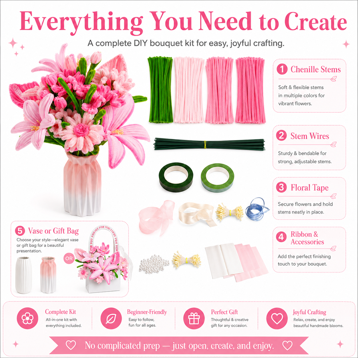 DIY Pipe Cleaner Flower Bouquet Kit, Handmade Chenille Stem Flower Craft Set with Floral Tape, Stem Wires, Ribbon and Gift Bag/Vase, Creative Bouquet Making Kit for Teens, Adults, Gifts and Home Decor