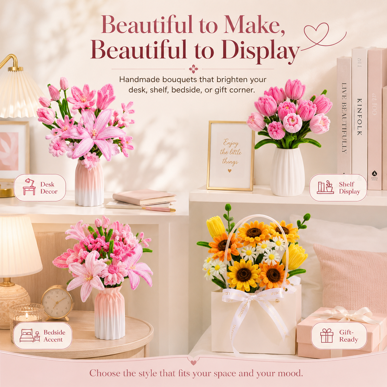 DIY Pipe Cleaner Flower Bouquet Kit, Handmade Chenille Stem Flower Craft Set with Floral Tape, Stem Wires, Ribbon and Gift Bag/Vase, Creative Bouquet Making Kit for Teens, Adults, Gifts and Home Decor