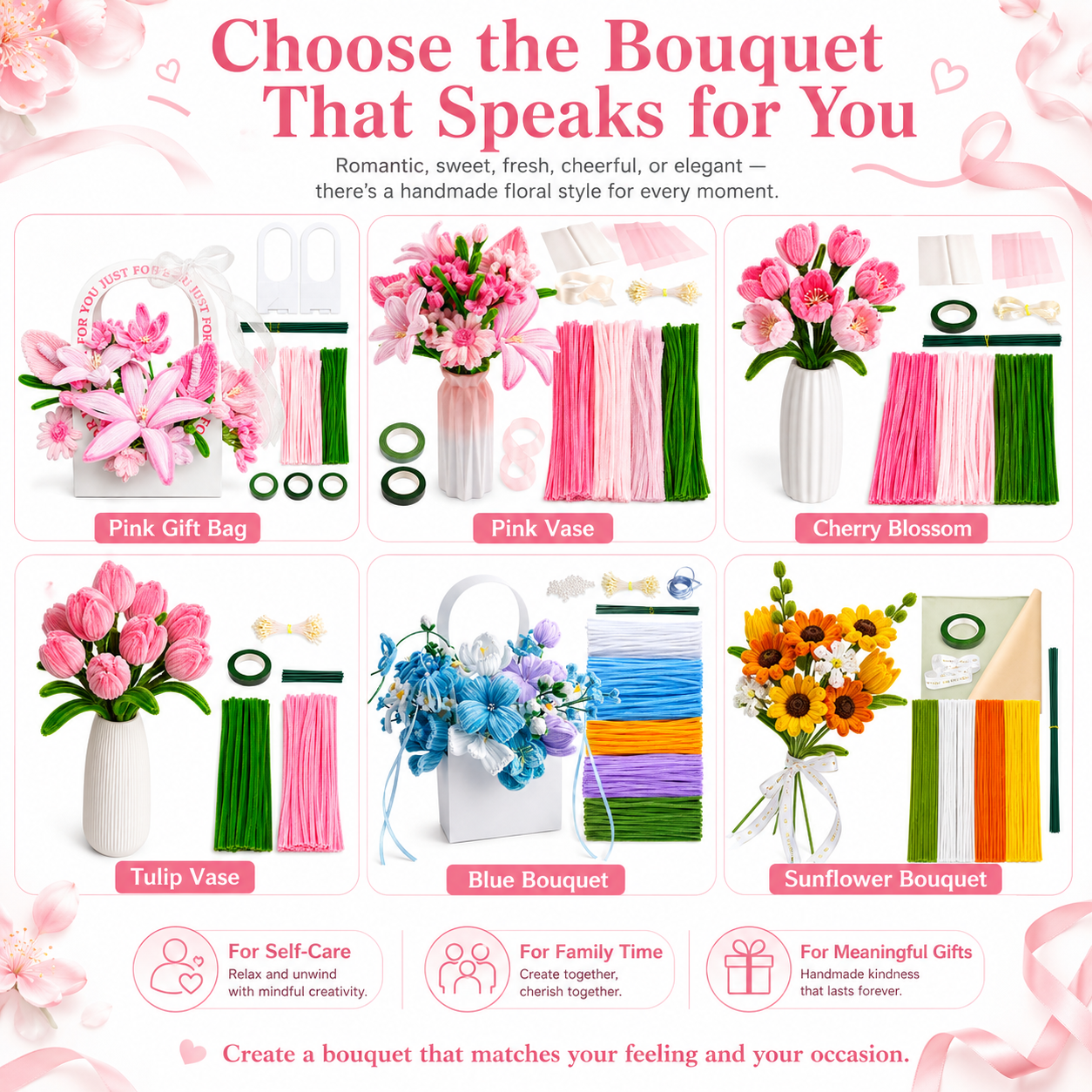 DIY Pipe Cleaner Flower Bouquet Kit, Handmade Chenille Stem Flower Craft Set with Floral Tape, Stem Wires, Ribbon and Gift Bag/Vase, Creative Bouquet Making Kit for Teens, Adults, Gifts and Home Decor