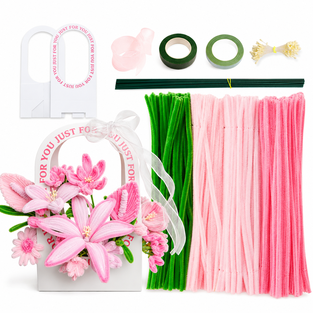 DIY Pipe Cleaner Flower Bouquet Kit, Handmade Chenille Stem Flower Craft Set with Floral Tape, Stem Wires, Ribbon and Gift Bag/Vase, Creative Bouquet Making Kit for Teens, Adults, Gifts and Home Decor