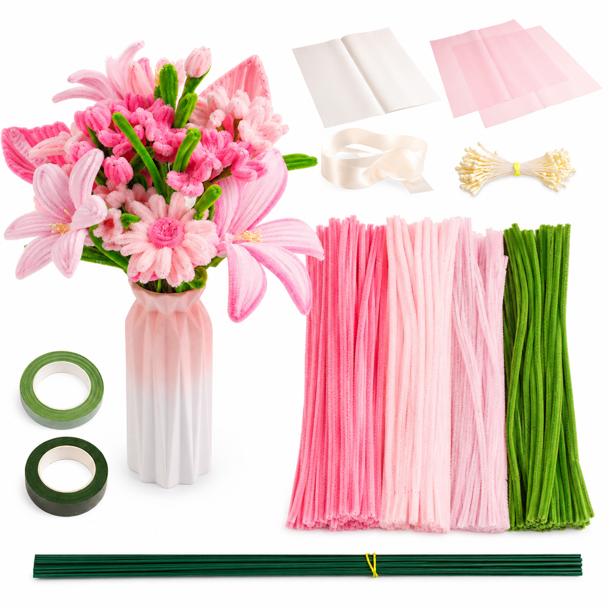 DIY Pipe Cleaner Flower Bouquet Kit, Handmade Chenille Stem Flower Craft Set with Floral Tape, Stem Wires, Ribbon and Gift Bag/Vase, Creative Bouquet Making Kit for Teens, Adults, Gifts and Home Decor