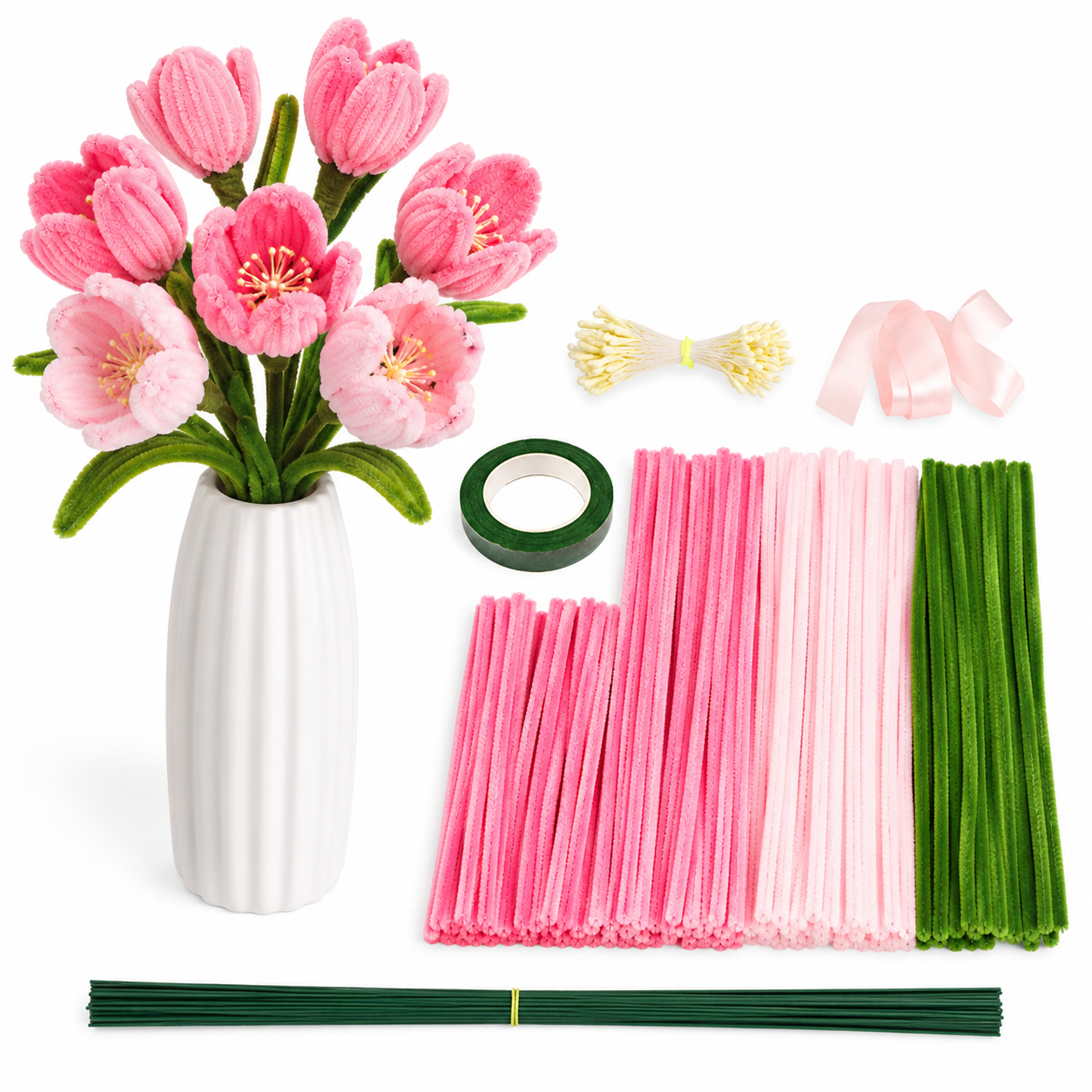 DIY Pipe Cleaner Flower Bouquet Kit, Handmade Chenille Stem Flower Craft Set with Floral Tape, Stem Wires, Ribbon and Gift Bag/Vase, Creative Bouquet Making Kit for Teens, Adults, Gifts and Home Decor
