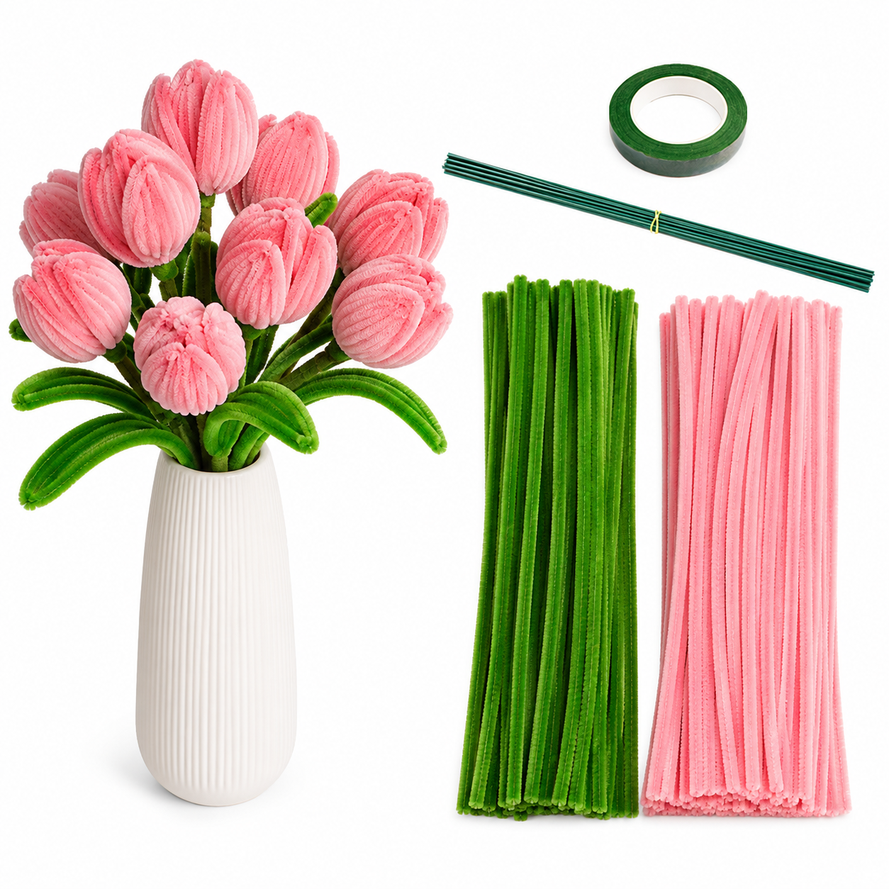 DIY Pipe Cleaner Flower Bouquet Kit, Handmade Chenille Stem Flower Craft Set with Floral Tape, Stem Wires, Ribbon and Gift Bag/Vase, Creative Bouquet Making Kit for Teens, Adults, Gifts and Home Decor