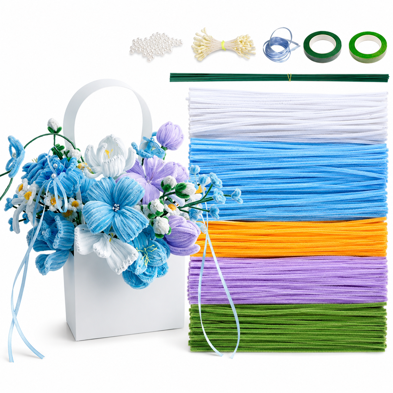DIY Pipe Cleaner Flower Bouquet Kit, Handmade Chenille Stem Flower Craft Set with Floral Tape, Stem Wires, Ribbon and Gift Bag/Vase, Creative Bouquet Making Kit for Teens, Adults, Gifts and Home Decor