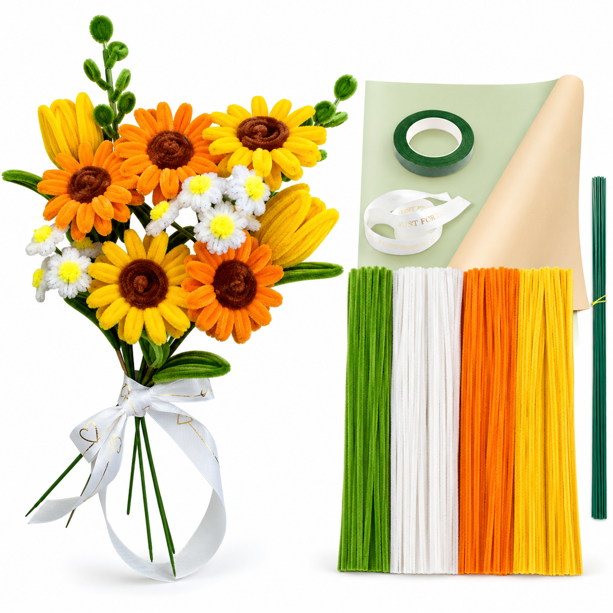 DIY Pipe Cleaner Flower Bouquet Kit, Handmade Chenille Stem Flower Craft Set with Floral Tape, Stem Wires, Ribbon and Gift Bag/Vase, Creative Bouquet Making Kit for Teens, Adults, Gifts and Home Decor
