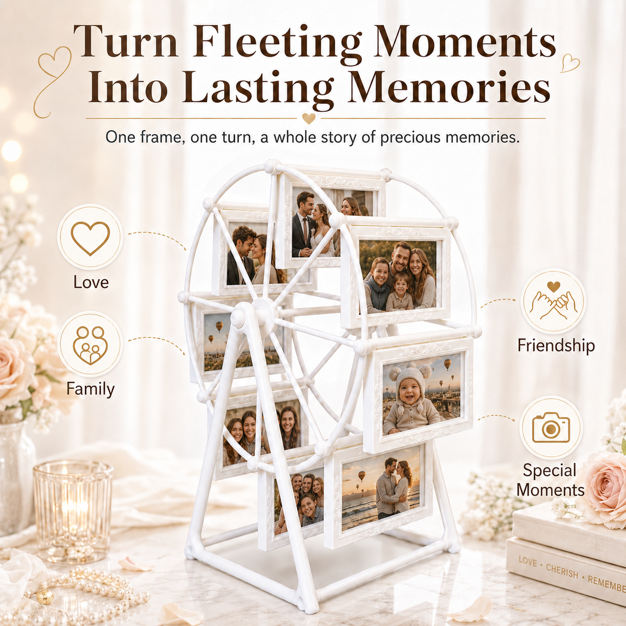 Ferris Wheel Photo Frame, Turn Fleeting Moments Into Lasting Memories, 8-Opening Romantic Tabletop Picture Display Stand for Weddings, Anniversaries, Bedroom Decor & Gifts