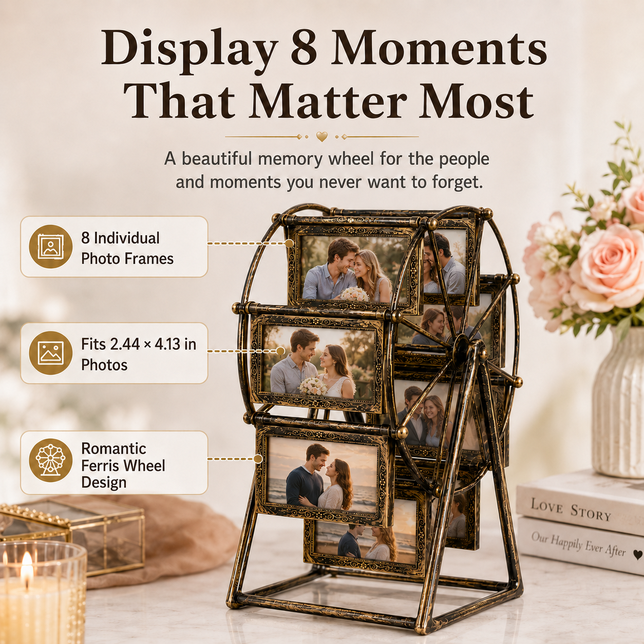 Ferris Wheel Photo Frame, Turn Fleeting Moments Into Lasting Memories, 8-Opening Romantic Tabletop Picture Display Stand for Weddings, Anniversaries, Bedroom Decor & Gifts