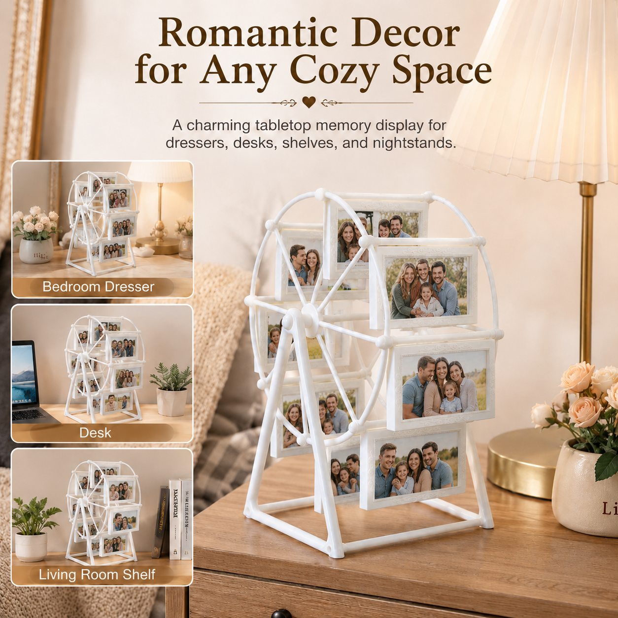 Ferris Wheel Photo Frame, Turn Fleeting Moments Into Lasting Memories, 8-Opening Romantic Tabletop Picture Display Stand for Weddings, Anniversaries, Bedroom Decor & Gifts