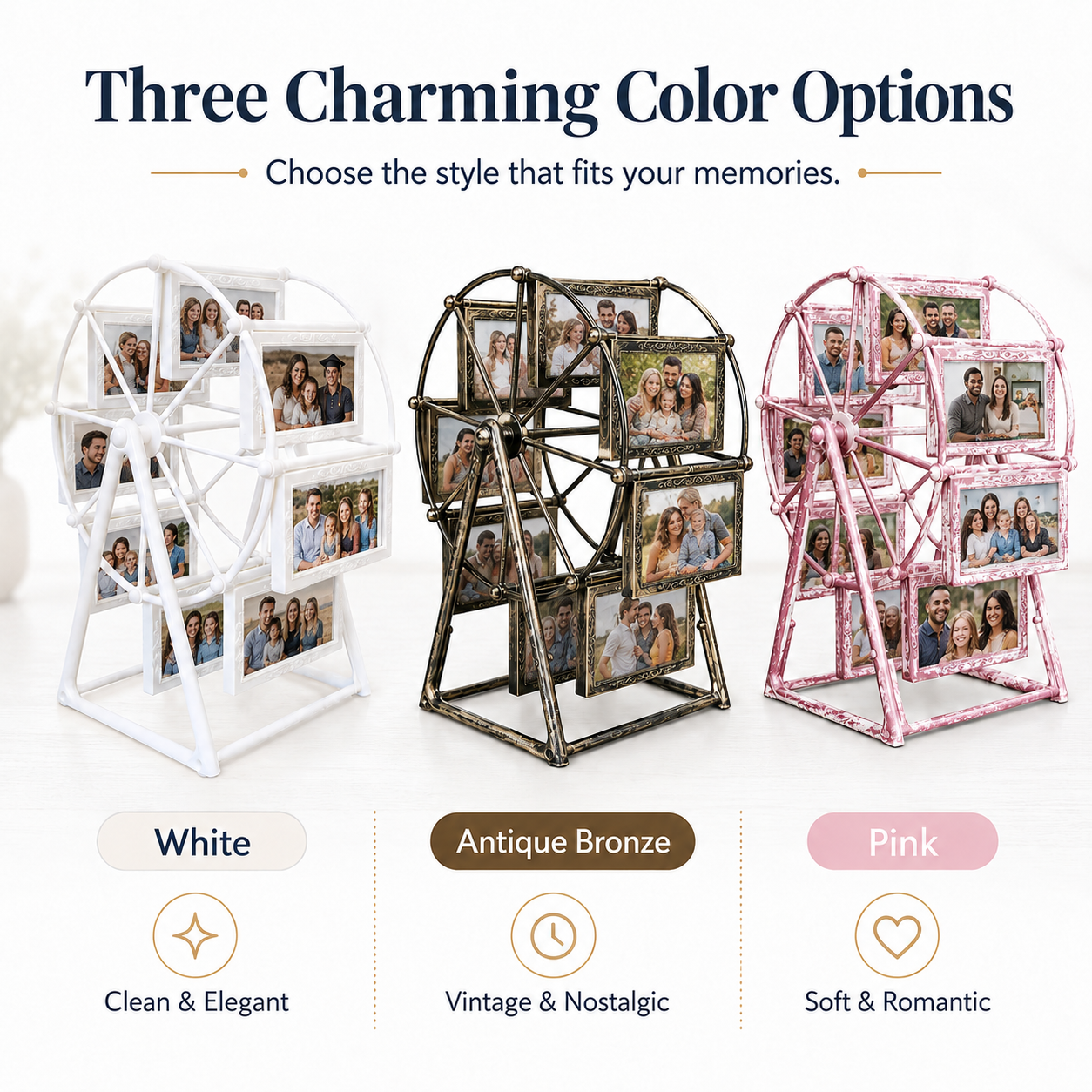 Ferris Wheel Photo Frame, Turn Fleeting Moments Into Lasting Memories, 8-Opening Romantic Tabletop Picture Display Stand for Weddings, Anniversaries, Bedroom Decor & Gifts