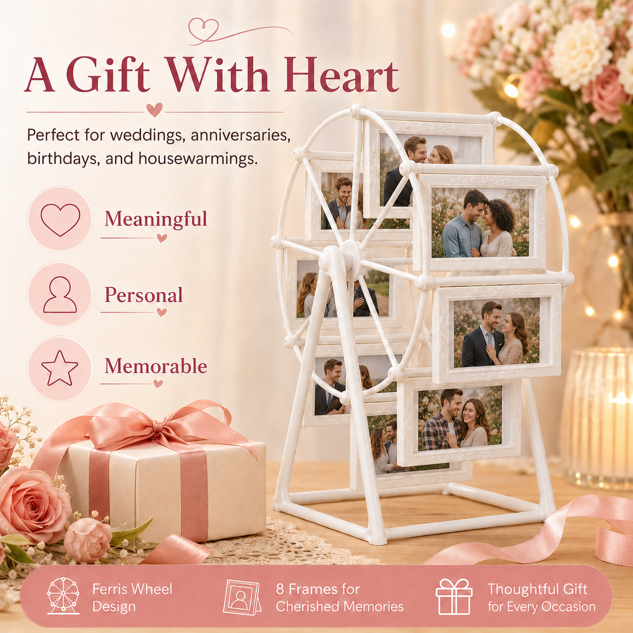 Ferris Wheel Photo Frame, Turn Fleeting Moments Into Lasting Memories, 8-Opening Romantic Tabletop Picture Display Stand for Weddings, Anniversaries, Bedroom Decor & Gifts