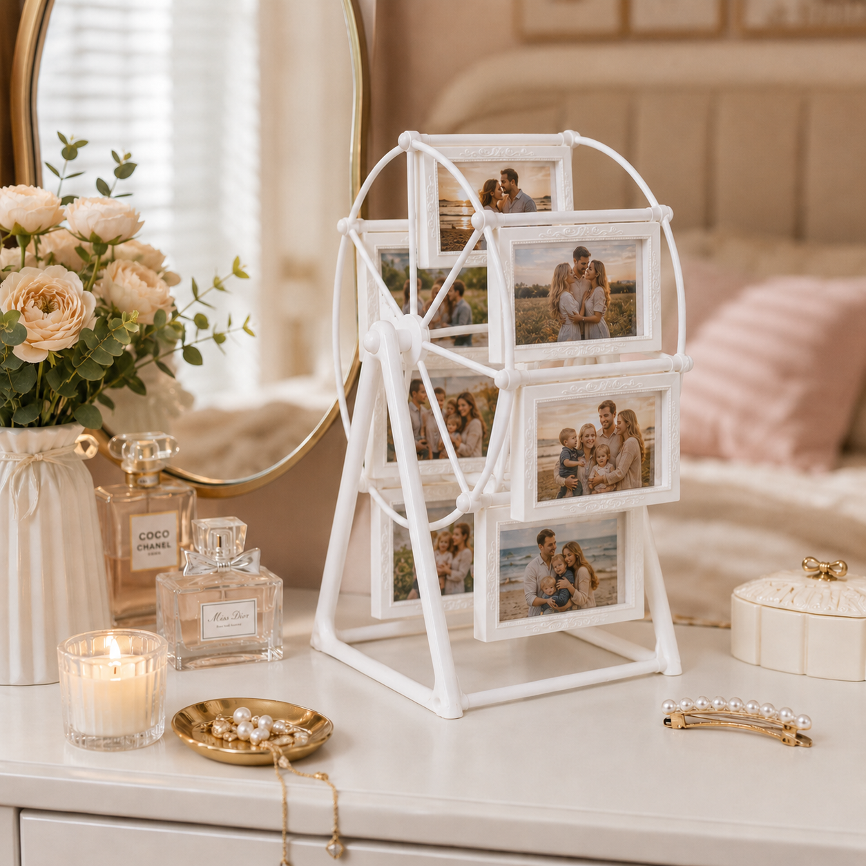 Ferris Wheel Photo Frame, Turn Fleeting Moments Into Lasting Memories, 8-Opening Romantic Tabletop Picture Display Stand for Weddings, Anniversaries, Bedroom Decor & Gifts
