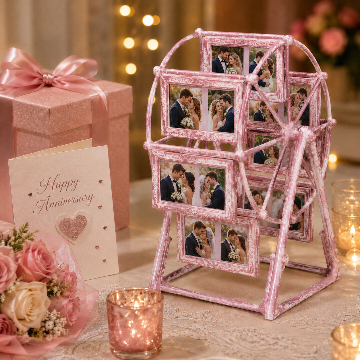 Ferris Wheel Photo Frame, Turn Fleeting Moments Into Lasting Memories, 8-Opening Romantic Tabletop Picture Display Stand for Weddings, Anniversaries, Bedroom Decor & Gifts